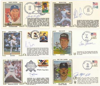 Lot of (13) Hall of Fame Pitchers and 300 Win Club Members Signed F.D.Cs Including Sandy Koufax, Tom Seaver, Randy Johnson, Greg Maddux and Nolan Ryan (JSA Auction LOA)
